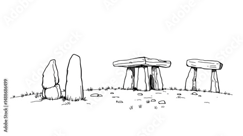 Menhir, Cromlech and Dolmen Hand-drawn linear cartoon sketch. Vector illustration. isolated on white background