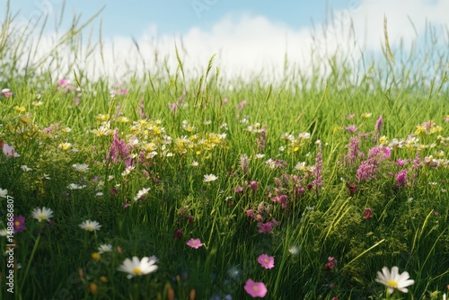 Wildflowers and grass grow freely in a vibrant landscape captured in a seamless time lapse, grass and flowers growing wild  seamless  virtual Photo Background