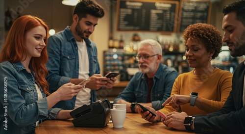 Diverse group of friends uses smartphones for contactless payment at a bustling cafe, sharing a moment of modern convenience and social connection
