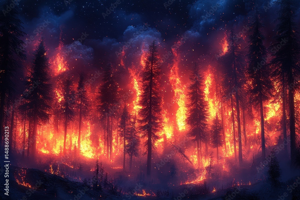 Wildfire consumes forest at night, illuminating trees with bright flames and smoke Wildfire consumes forest at night, illuminating trees with bright flames and smoke