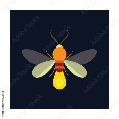 Colorful flat vector illustration of a glowing firefly isolated on a dark background