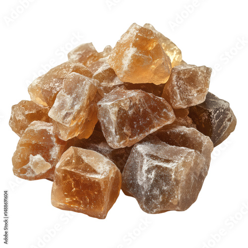 Pile of golden brown calcite crystals on a black background