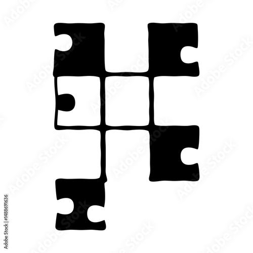 Black and White Puzzle Pieces Interlocked in an Asymmetrical Grid Formation