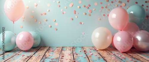 Balloons and confetti float against the background of a blue wall. Festive concept. selective focus