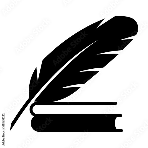 Feather quill over two books, black and white literary icon