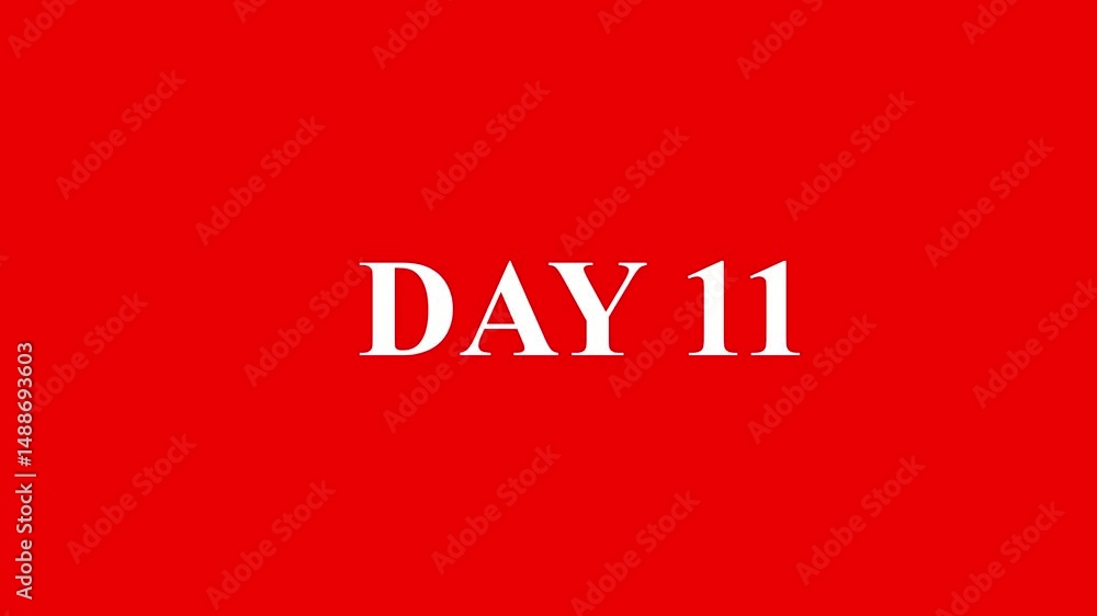 Day 11, 11 Day Text Animation Videos 11 Day To Go white Logo lite Animation Videos. On red Background. white font against a solid white background centered well Count time Motion graphics 4K video Day 11, 11 Day Text Animation Videos 11 Day To Go white Logo lite Animation Videos. On red Background. white font against a solid white background centered well Count time Motion graphics 4K video