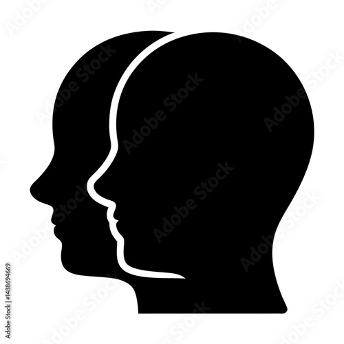 Overlapping head profiles in black and white representing different perspectives and duality