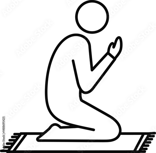 Black and White Line Art of Stick Figure Praying on Rug

