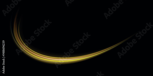 Long exposure light painting photography, curvy lines of vibrant neon metallic yellow gold against a black background. Gold light spiral effect. Glittering wavy trail