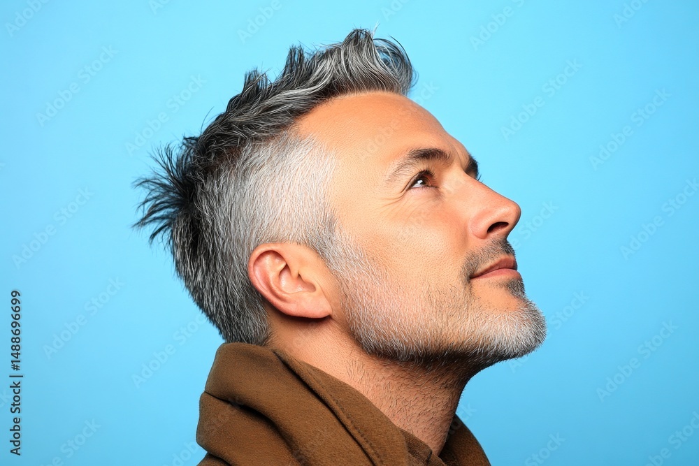 Obraz premium Idea concept art of style for aging men. Blue solid background. A happy man in a studio photo. Elegant men's layered waves haircut - midlife white man with grey hair.