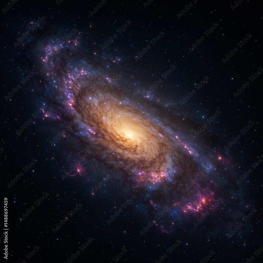 Naklejka premium Galaksi Spiral Epik dengan Nebula Berwarna-warni dan Inti Bercahaya di Ruang Angkasa