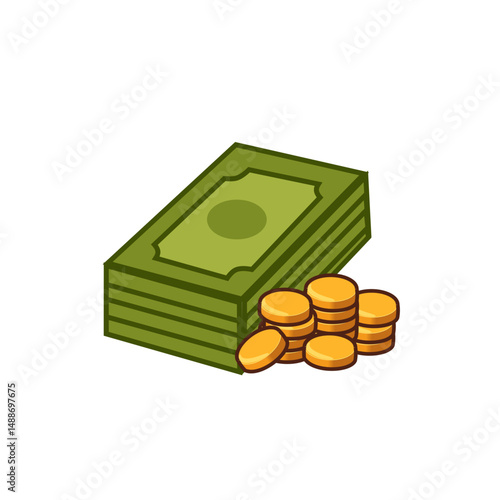 Stacks of shiny gold coin pile and money cash bill bank note pack profit income finance vector art cartoon illustration editable