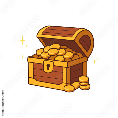 Wooden open treasure chest overflowing with gold coins game illustration cartoon vector art editable