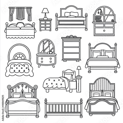 Collection of Line Art Bedroom Furniture Icons