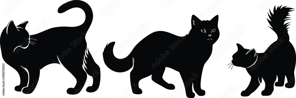 Three Black Cat Silhouettes in Different Poses Three Black Cat Silhouettes in Different Poses