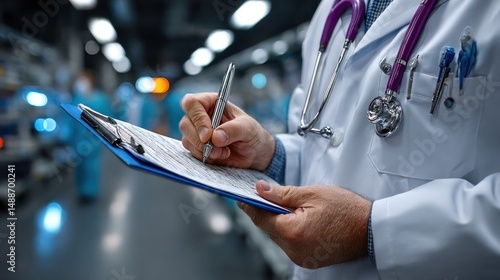 healthcare professional in a lab coat takes notes on a clipboard in a hospital. Medical staff are visible in the background, engaged in various activities within the bustling environment