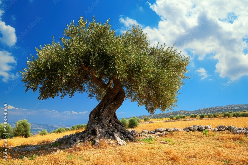 Majestic old olive tree in a Mediterranean orchard under a clear blue sky in Greece, Greece mediterranean old olive tree in orchard Majestic old olive tree in a Mediterranean orchard under a clear blue sky in Greece, Greece mediterranean old olive tree in orchard