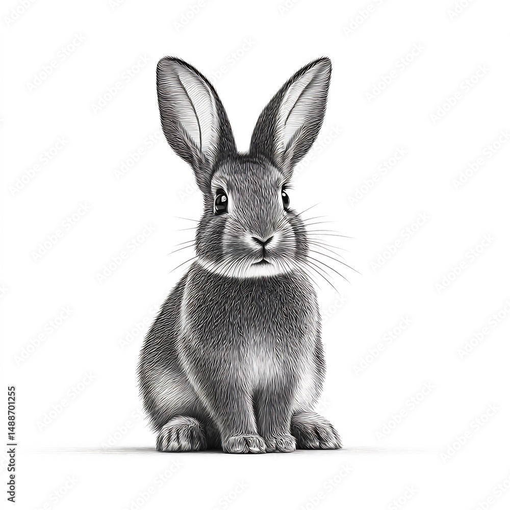 Fototapeta premium Rabbit sitting with ears up on white background