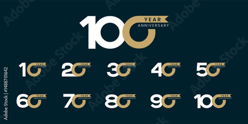 Set of vector logo designs for 10th to 100th anniversary with ribbon, in gold color for celebrations, weddings and birthdays