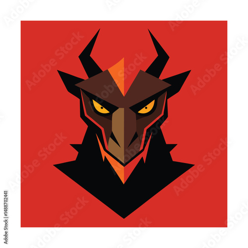 Stylized illustration of a menacing devil or demon face with horns and sharp features on red background.
