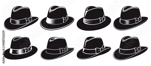 Eight Classic Fedora Hats in Black and White Silhouettes