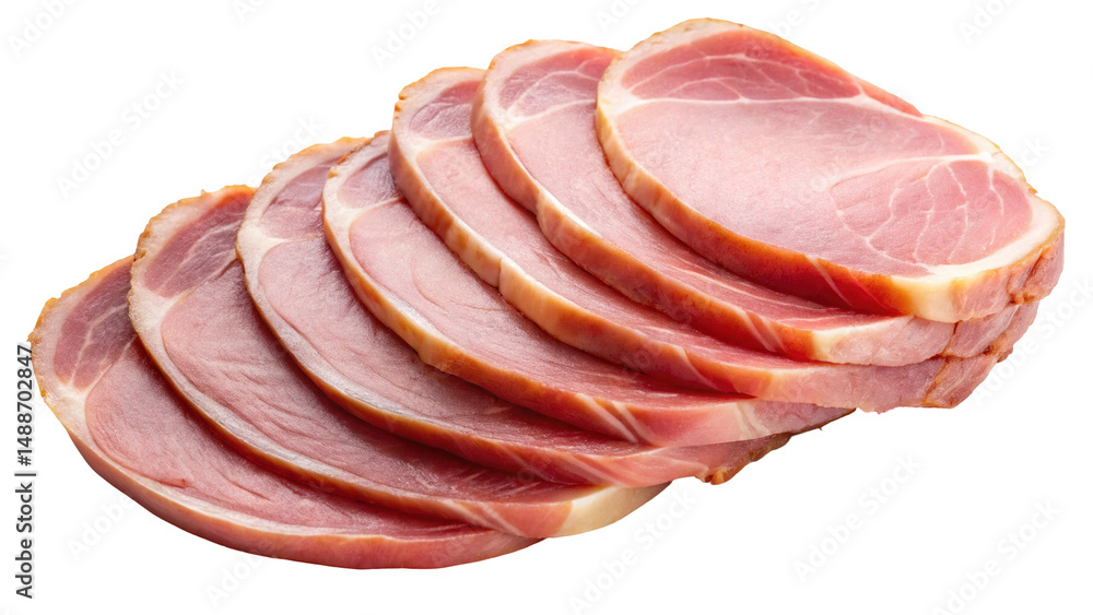 Several slices of delicious, pink, smoked ham stacked on a black background Several slices of delicious, pink, smoked ham stacked on a black background