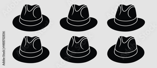 Six Black Fedora Hats Simple Icon Illustration