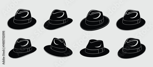 Eight Black Fedora Hats in Different Angles View