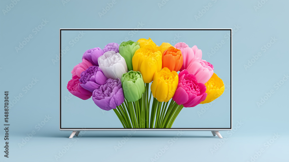 Modern television displaying colorful tulips on a pastel background
