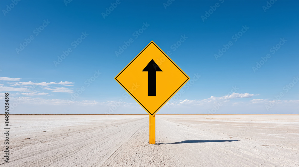 Yellow traffic sign with upward arrow on empty desert road