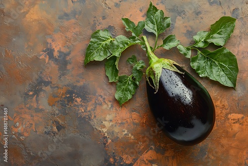 Eggplant with leaves on textured background