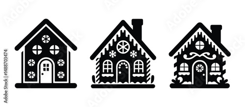 Three Black Silhouettes of Gingerbread Houses for Christmas