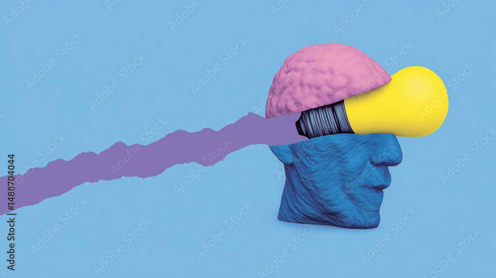 Surreal collage of blue human head with exposed pink brain and yellow light bulb