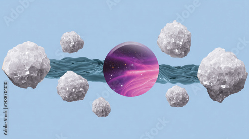 Obraz na płótnie Surreal cosmic scene with purple planet and floating asteroids w salonie