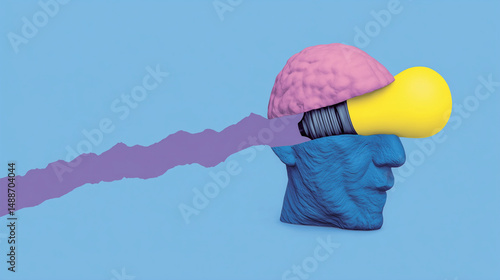 Obraz na płótnie Surreal collage of blue human head with exposed pink brain and yellow light bulb w salonie
