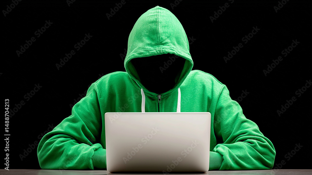 Anonymous hacker wearing green hoodie working on laptop in dark room