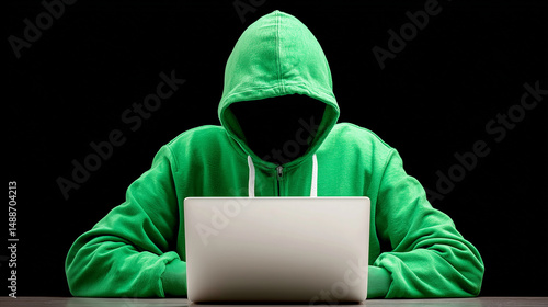 Obraz na płótnie Anonymous hacker wearing green hoodie working on laptop in dark room w salonie