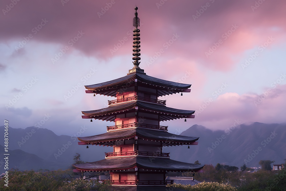 Japanese Pagoda against pink sunset sky Japanese Pagoda against pink sunset sky