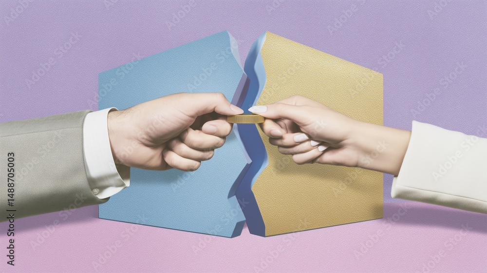 Two people exchanging key with broken folder background