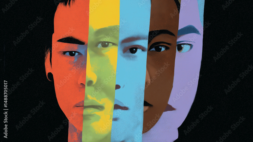 Artistic portrait of diverse young men with colorful overlay
