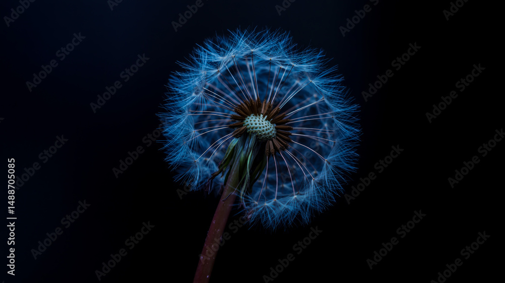Fototapeta premium A macro photograph of a dandelion seed head against a pure black background