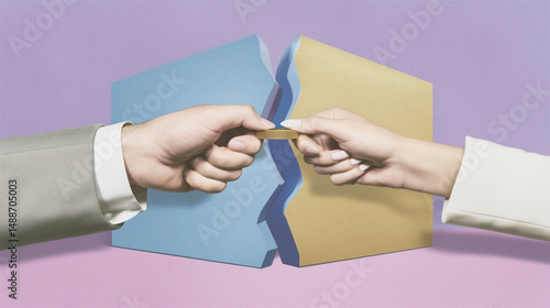Two people exchanging key with broken folder background