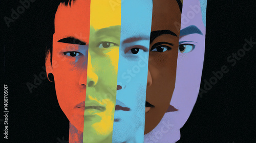 Obraz na płótnie Artistic portrait of diverse young men with colorful overlay w salonie