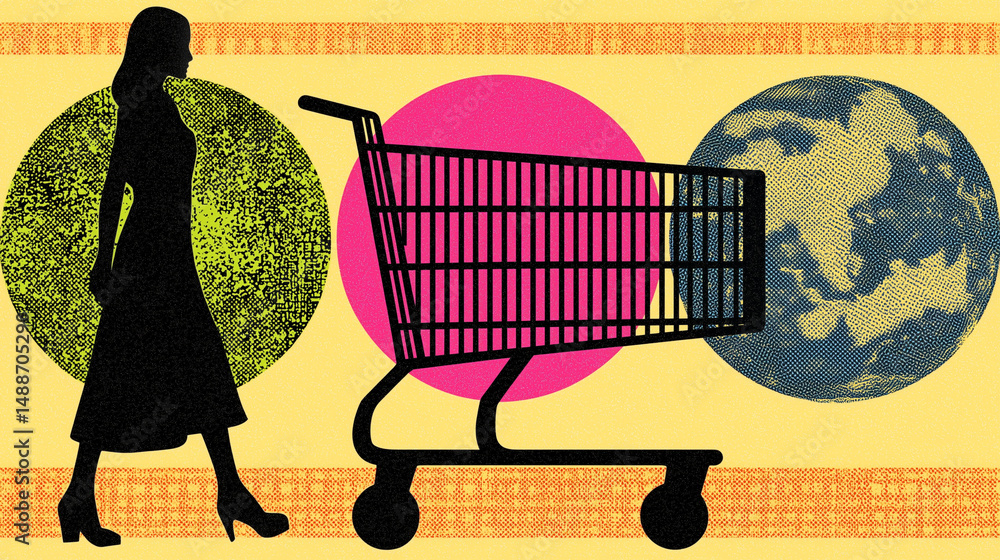Artistic collage of woman pushing empty shopping cart with planet Earth background