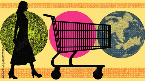Obraz na płótnie Artistic collage of woman pushing empty shopping cart with planet Earth background w salonie