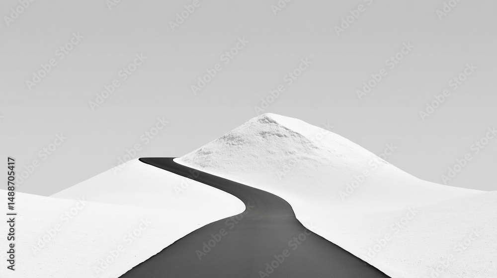 Black winding road through white snow-covered mountain landscape