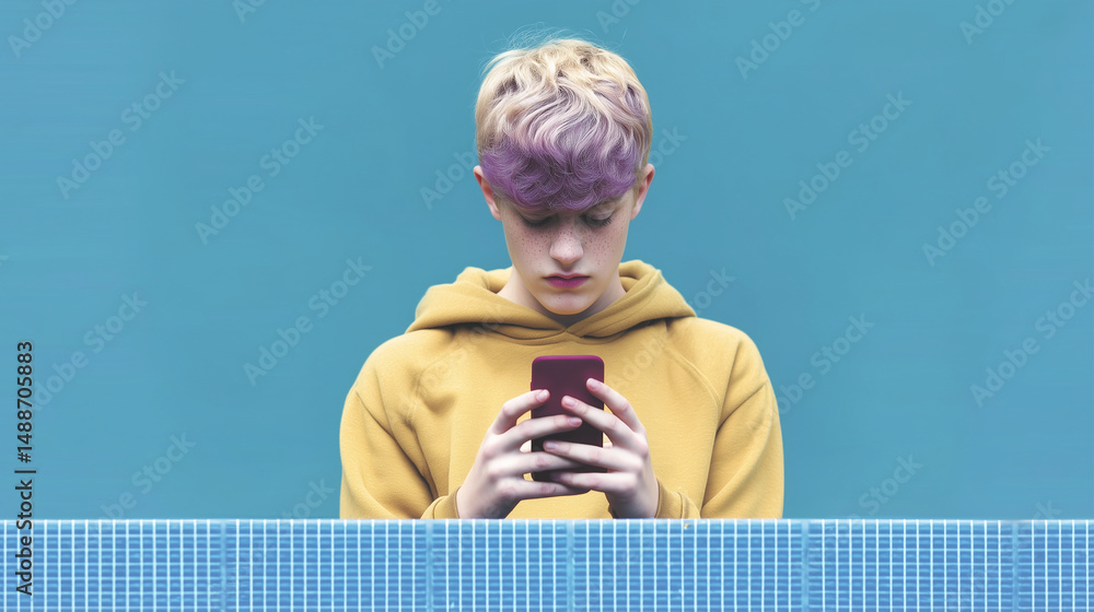 Teen boy in yellow hoodie looking at smartphone against blue background