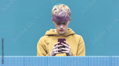 Obraz na płótnie Teen boy in yellow hoodie looking at smartphone against blue background w salonie