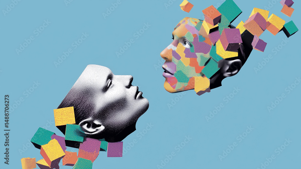 Abstract surreal portrait with fragmented faces