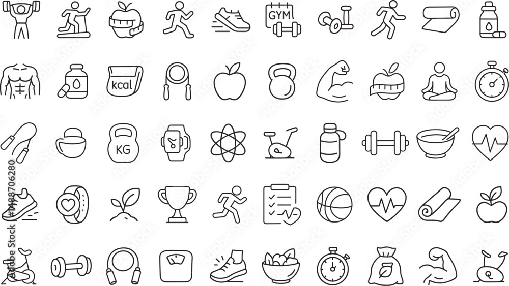 Fitness and Gym Icons Set – Workout, Dumbbell, Muscle, Cardio, Healthy Lifestyle and Exercise Equipment – Line and Solid Vector Collection Fitness and Gym Icons Set – Workout, Dumbbell, Muscle, Cardio, Healthy Lifestyle and Exercise Equipment – Line and Solid Vector Collection